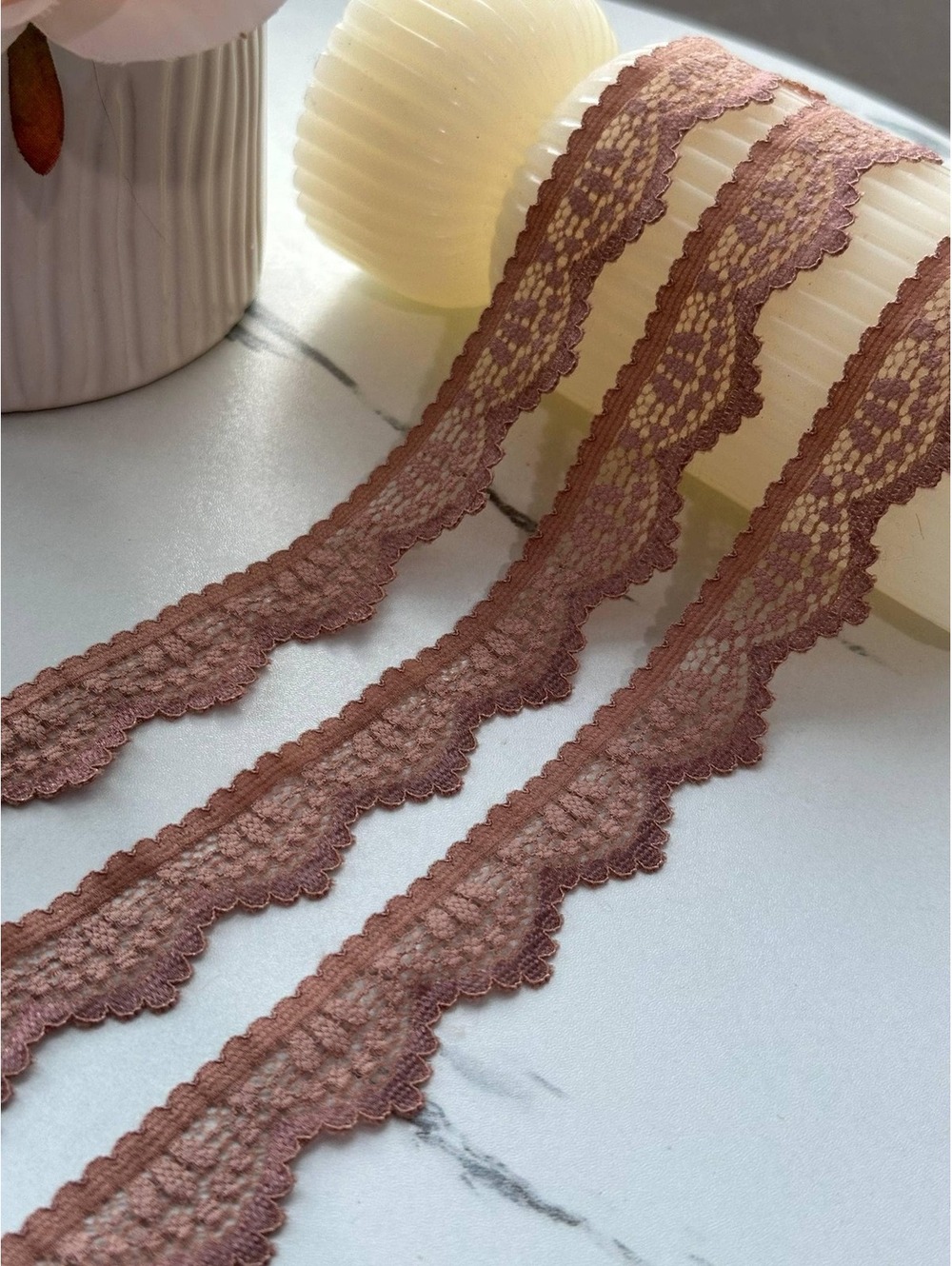 10Yds Stretch 0.8" Two Tone Brown Terracotta Scalloped Stretch Lace Trim